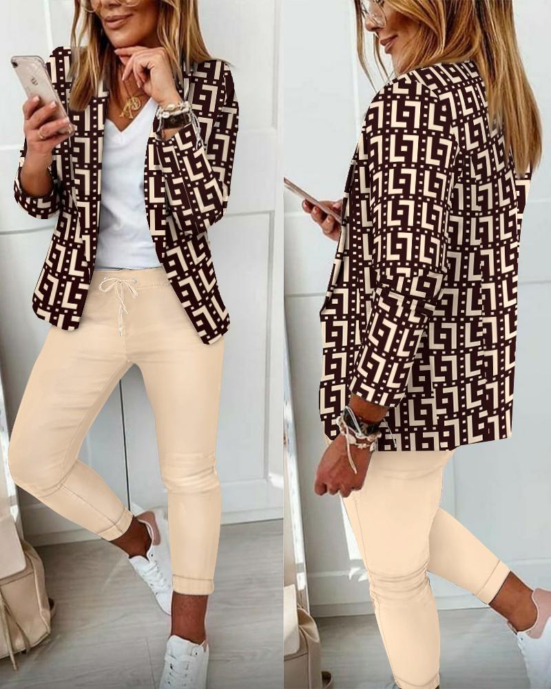 

Geometric Print Long Sleeve Blazer & Pants Set, Apricot