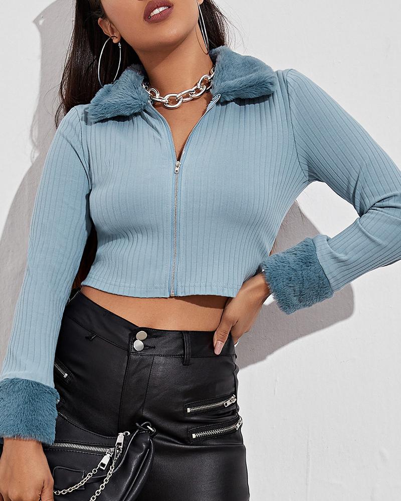 

Ribbed Long Sleeve Fluffy Collar Zipper Design Top, Blue