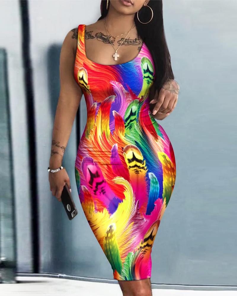 

Feather Print Sleeveless U-Neck Bodycon Dress, Multicolor