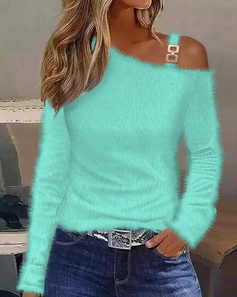 

Cold Shoulder Long Sleeve Fluffy Top, Green