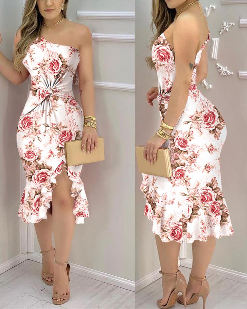 

Floral Print Tube Slit Bodycon Straight Dress, White