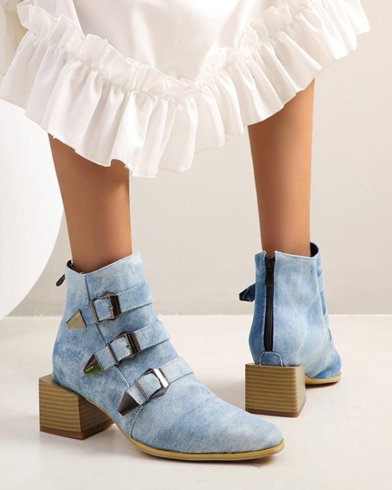 

Square-toe Splicing Triple Buckle Ankle Boots, Blue