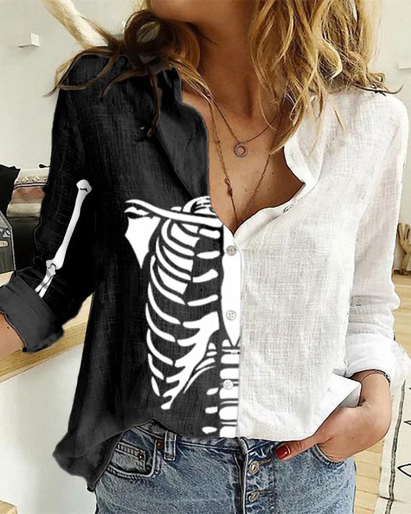 

Halloween Skeleton Print Long Sleeve Casual Shirt, Black