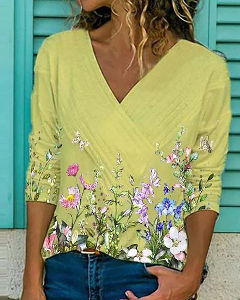 

Floral Butterfly Print V-Neck T-shirt, Yellow