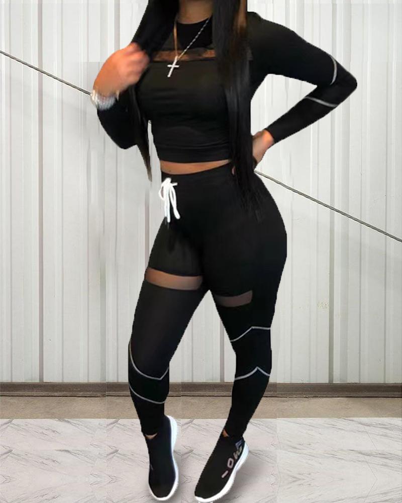 

Sheer Mesh Top & Drawstring Pants Set, Black