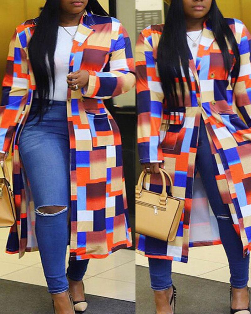 

Plus Size Plaid Print Colorblock Buttoned Longline Coat, Multicolor
