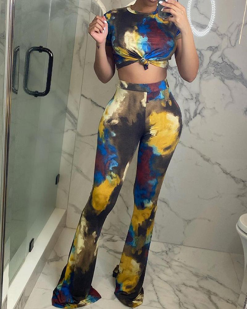 

Tie Dye Print Knot Front Crop Top & Flared Leg Skinny Pants Set, Multicolor