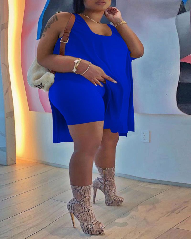 

Plus Size Side Slit Casual Tank Top & Shorts Set, Blue