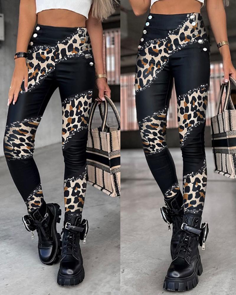 

Leopard Print Button Decor High Waist Skinny Pants, Black