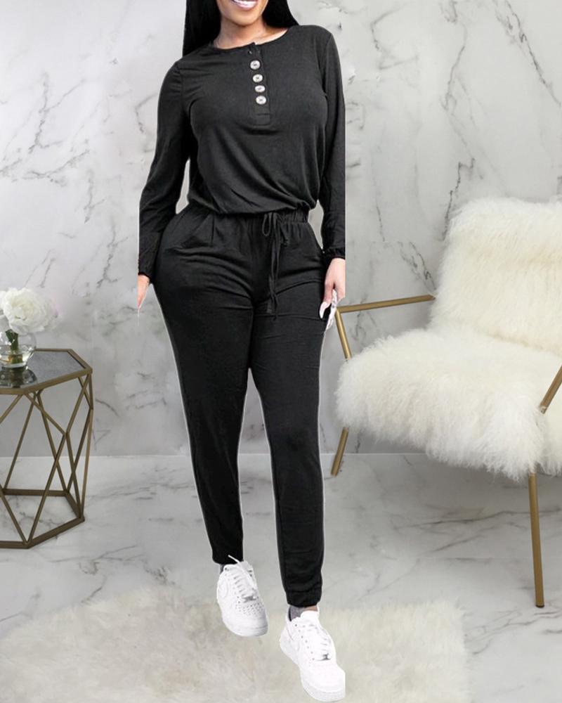 

Button Design Casual Top & Pants Set, Black