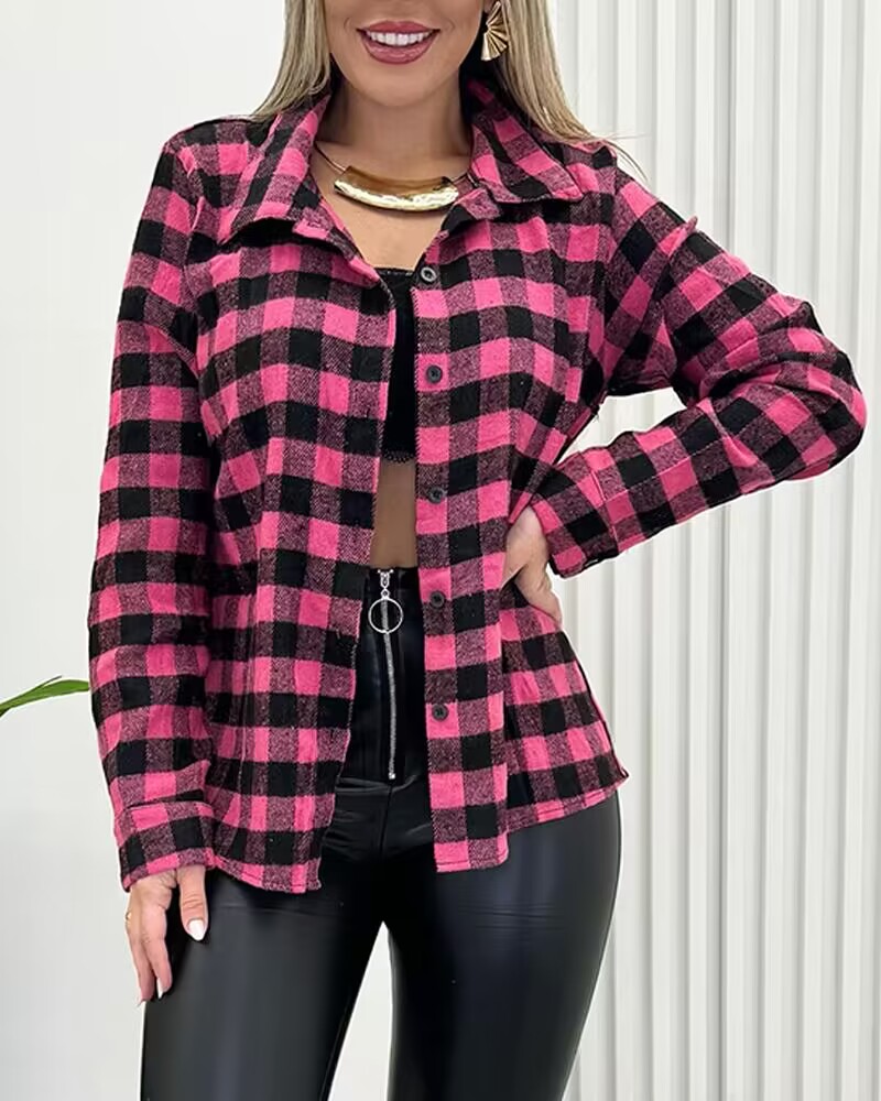 

Plaid Pattern Button Down Shirts Long Sleeve Shackets Casual Blouse Top, Pink