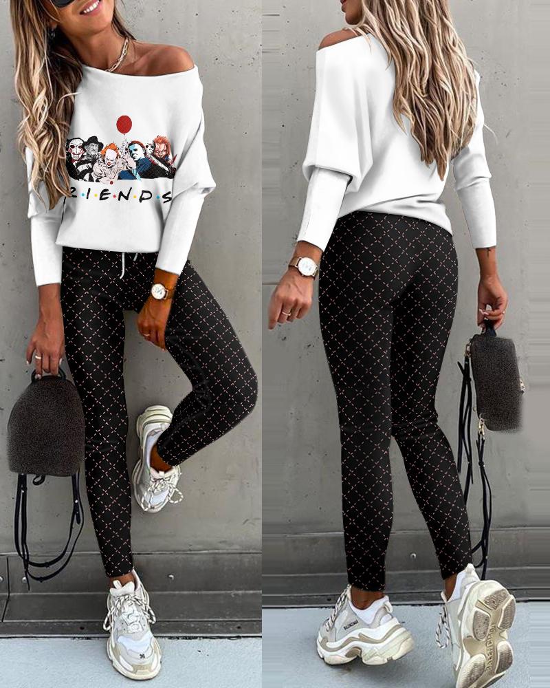 

Figure Letter Print Top & High Waist Pants Set, White