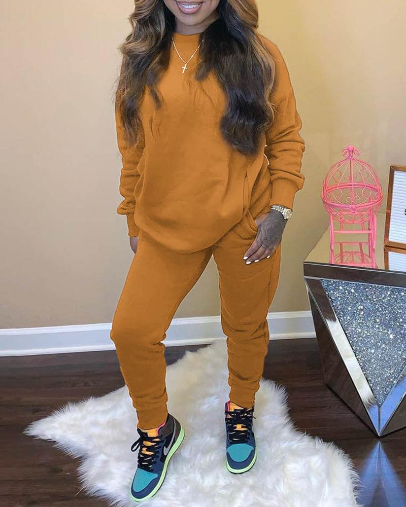 

Plain Long Sleeve Pocket Design Top & Drawstring Pants Set, Yellow