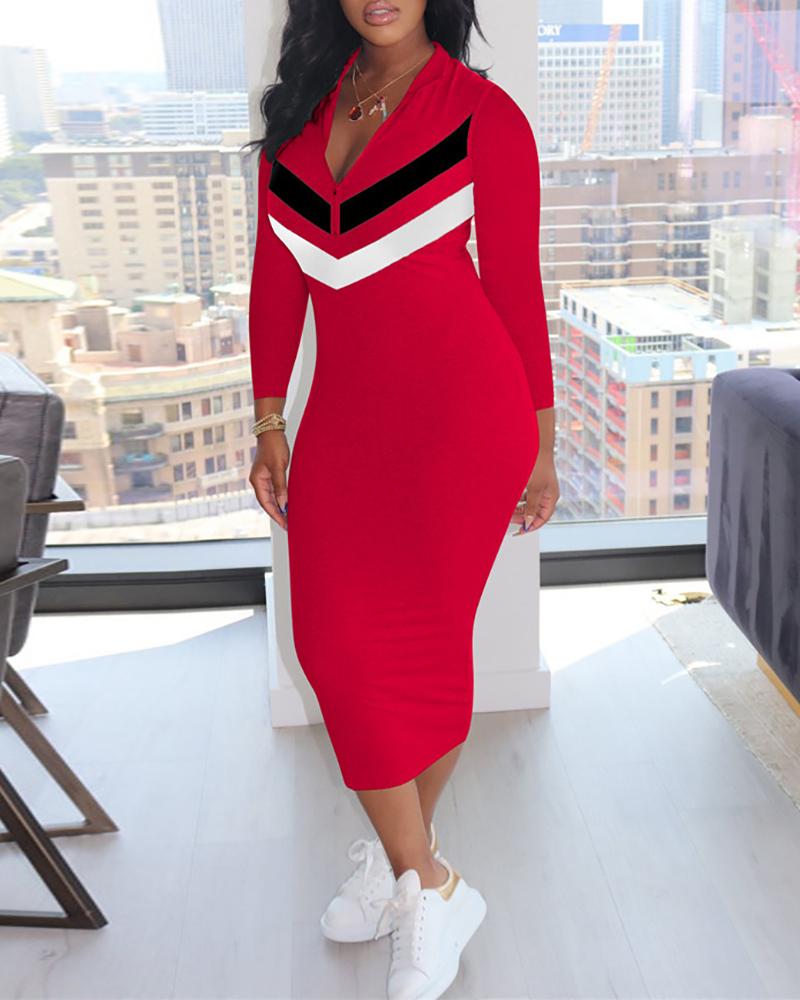 

Zipper Design Colorblock Long Sleeve Casual Dress, Red