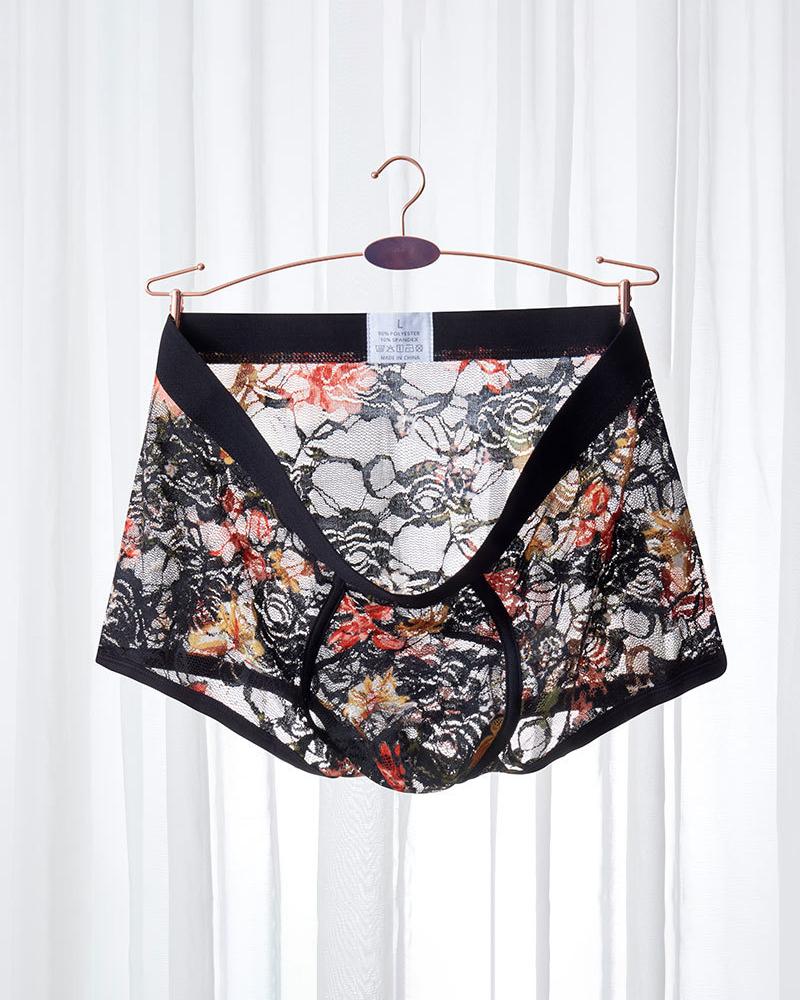 

Floral Print Skinny Patchwork Boxer Brief Underwear, Black