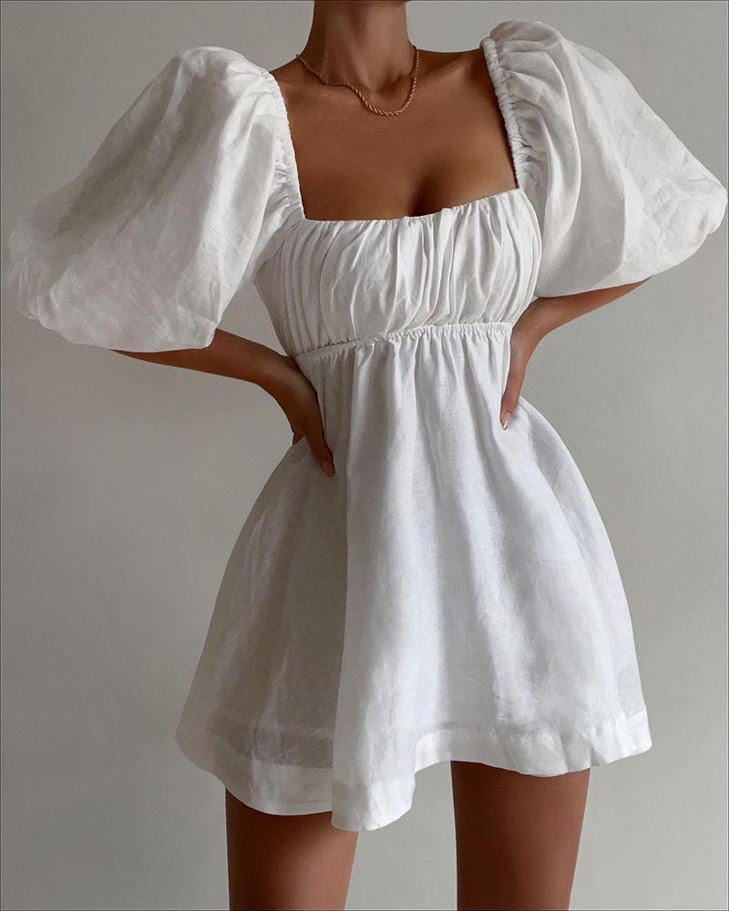 

Puff Sleeve Ruched Casual Dress, White