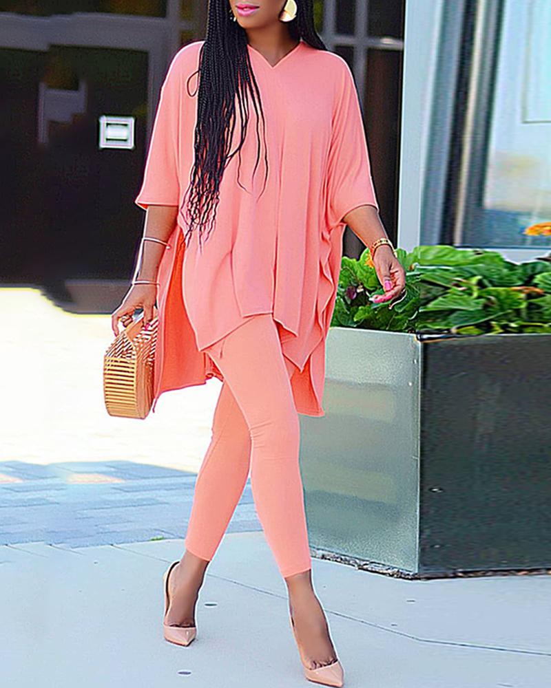 

V-Neck Batwing Sleeve Slit Top & Pants Set, Pink