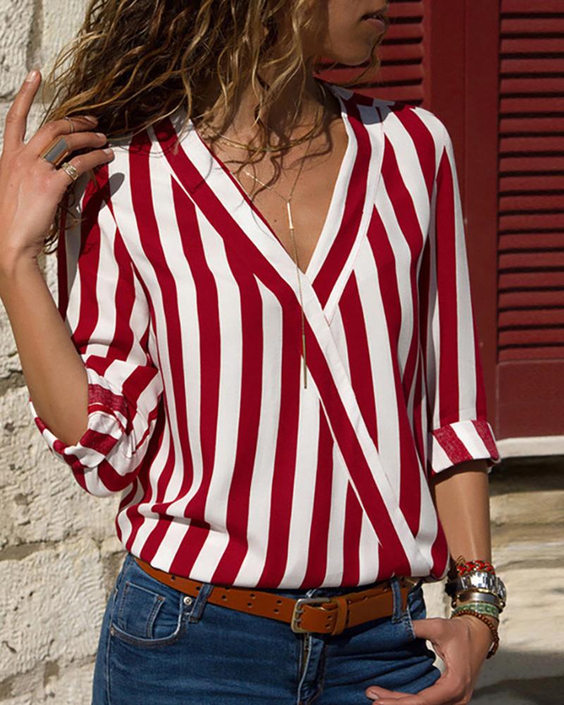 

Long Sleeve V Neck Striped Blouse, Red