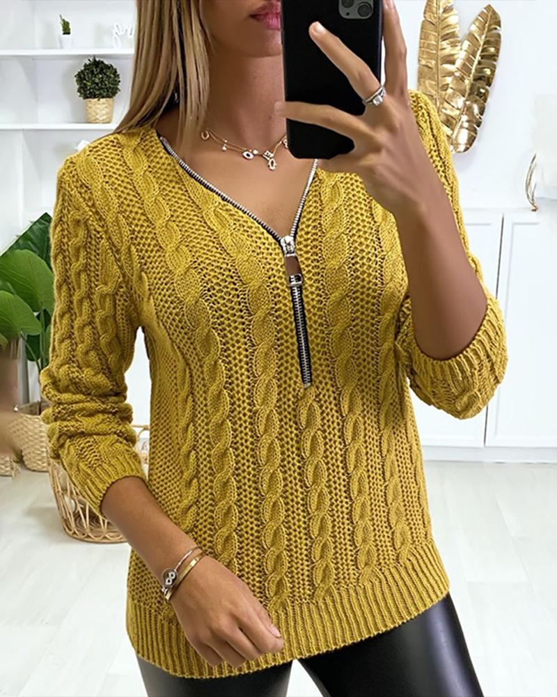 

Zipper Front V-Neck Cable Knit Sweater, Yellow