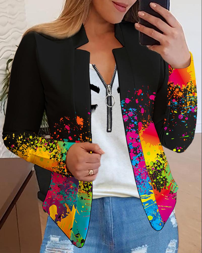 

Ink Splash Print Long Sleeve Blazer Coat, Multicolor
