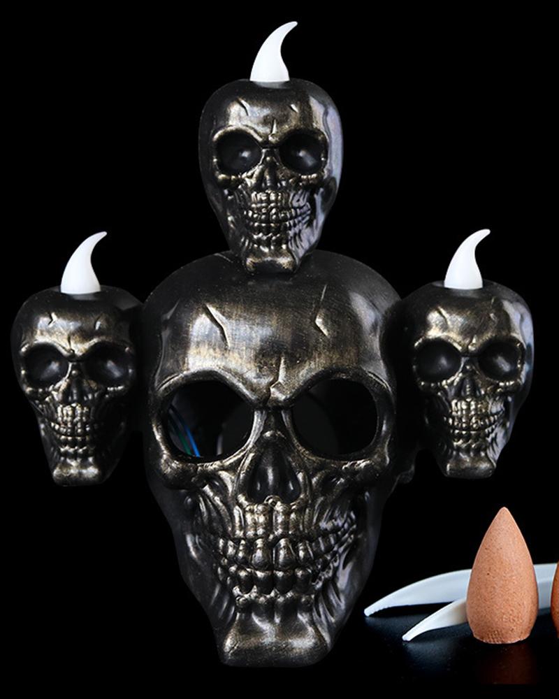 

1pc Halloween Skull Backflow Incense Burner Holder With LED Lights Party Home Haunted House Decoration, Gold