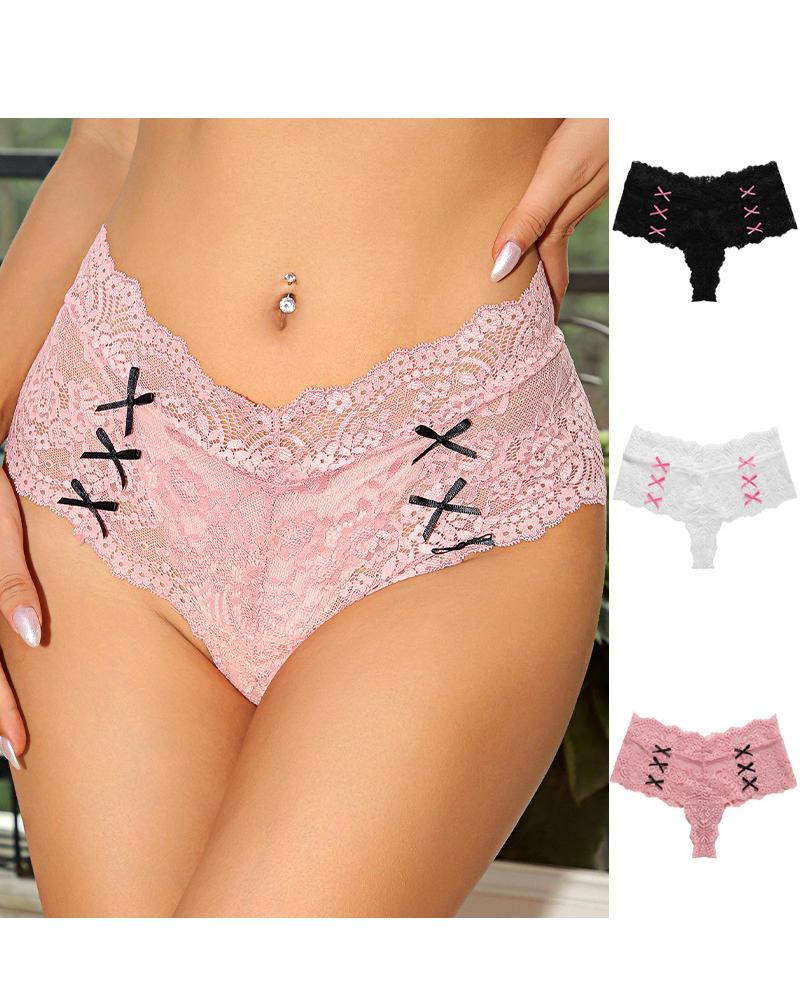 

Crochet Lace Bowknot Decor Thong Panty, Pink