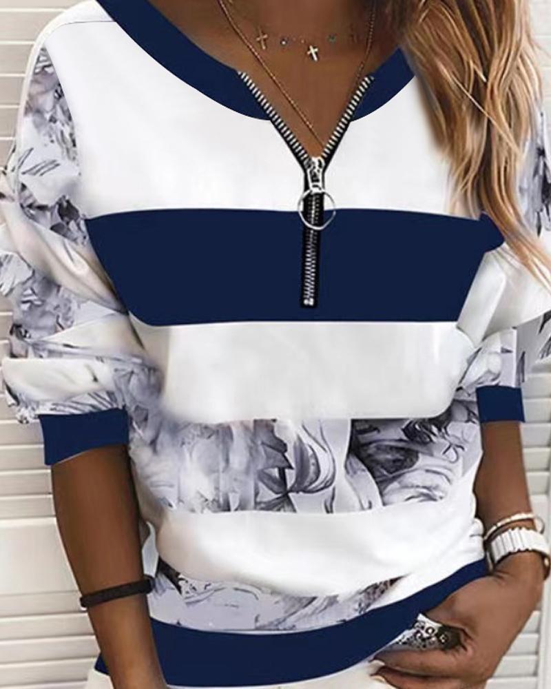 

Plus Size Striped Floral Print Zip Front Long Sleeve Top, Blue