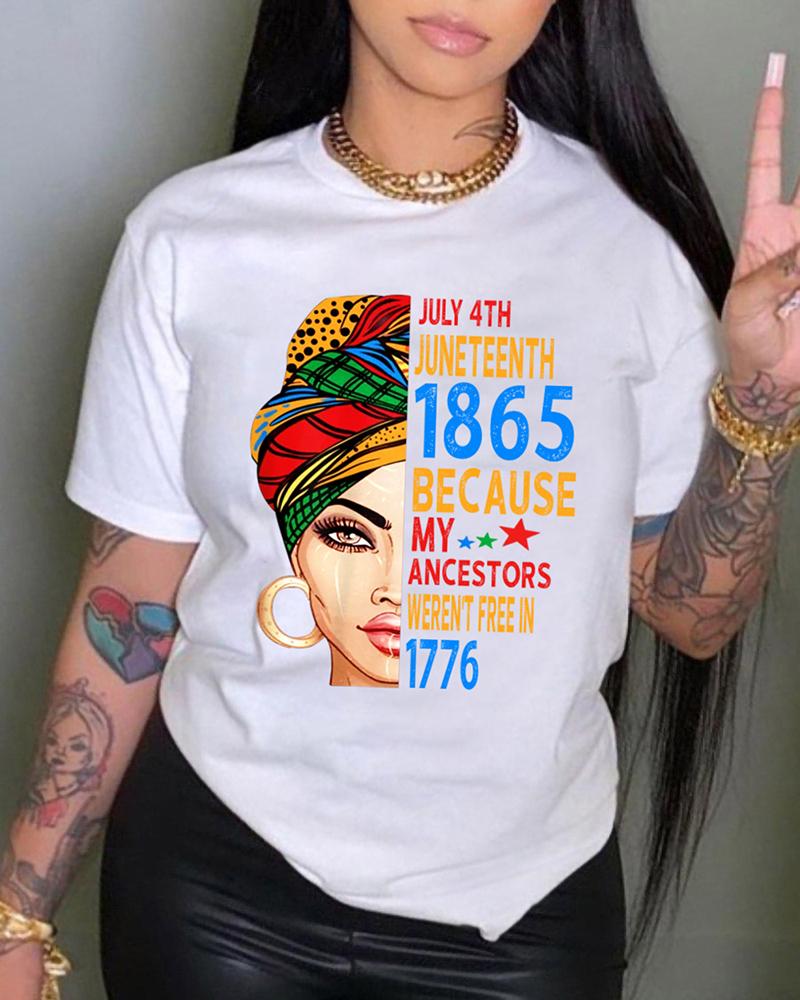 

Juneteenth Figure Letter Print Crew Neck T-shirt, White