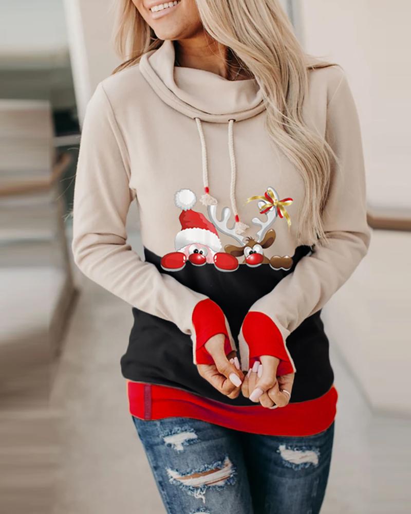 

Christmas Moose Print Colorblock Hooded Top, Black