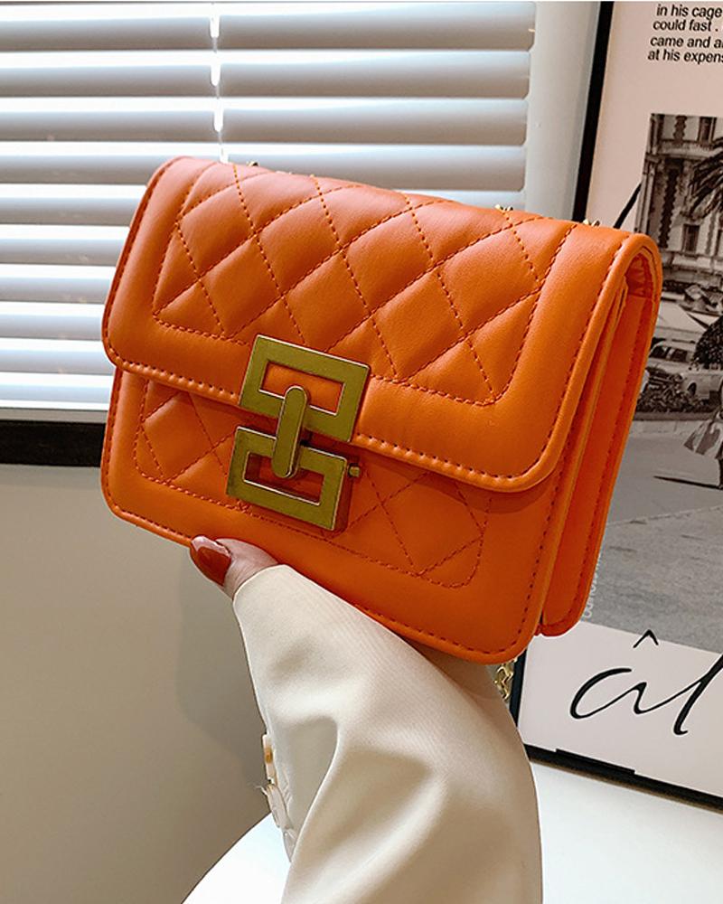 

Quilted Chain Strap Geo Lock Flap Shoulder Bag, Orange