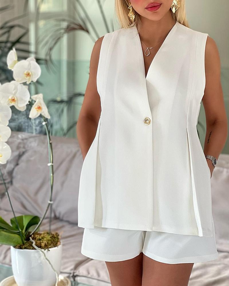 

Side Cutout Buttoned Tank Top & Shorts Set, White