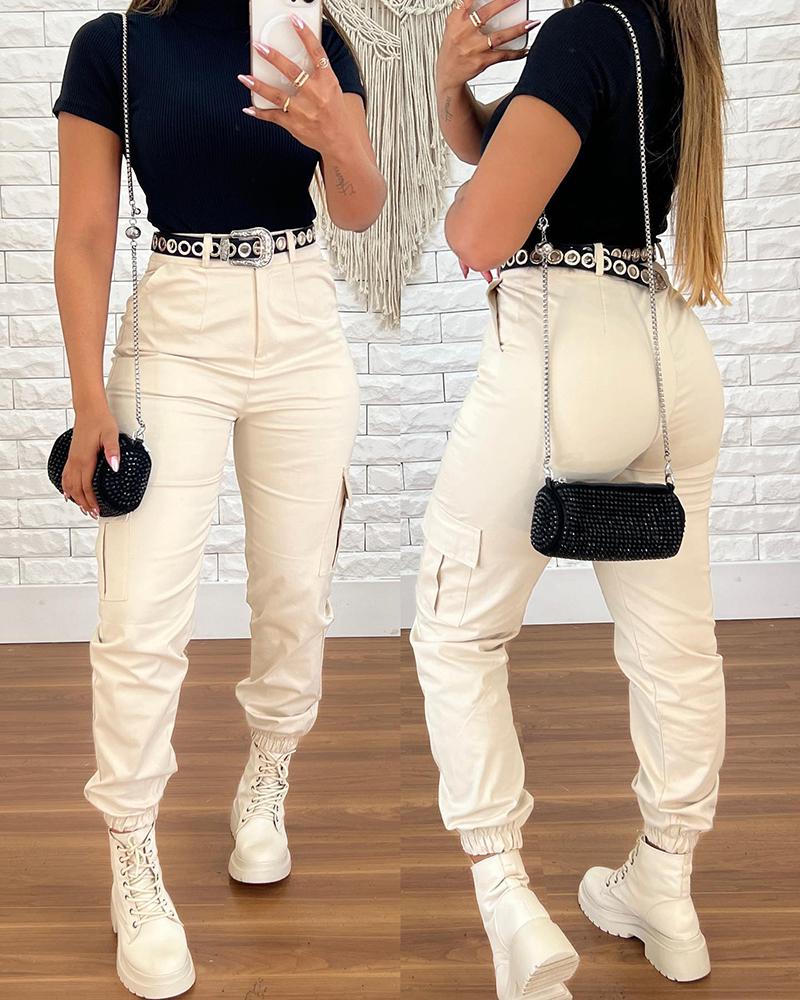 

High Waist Pocket Design Cuffed Pants, Apricot