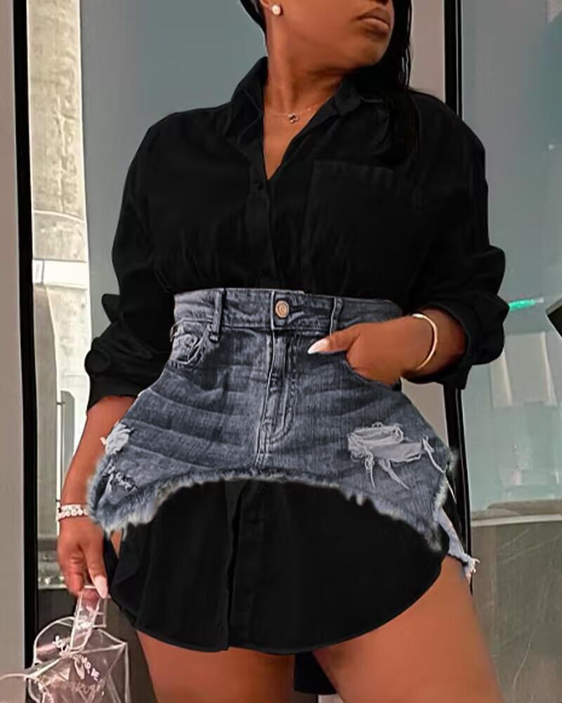 

Long Sleeve Shirt Dress With Ripped Denim Skirt, Black