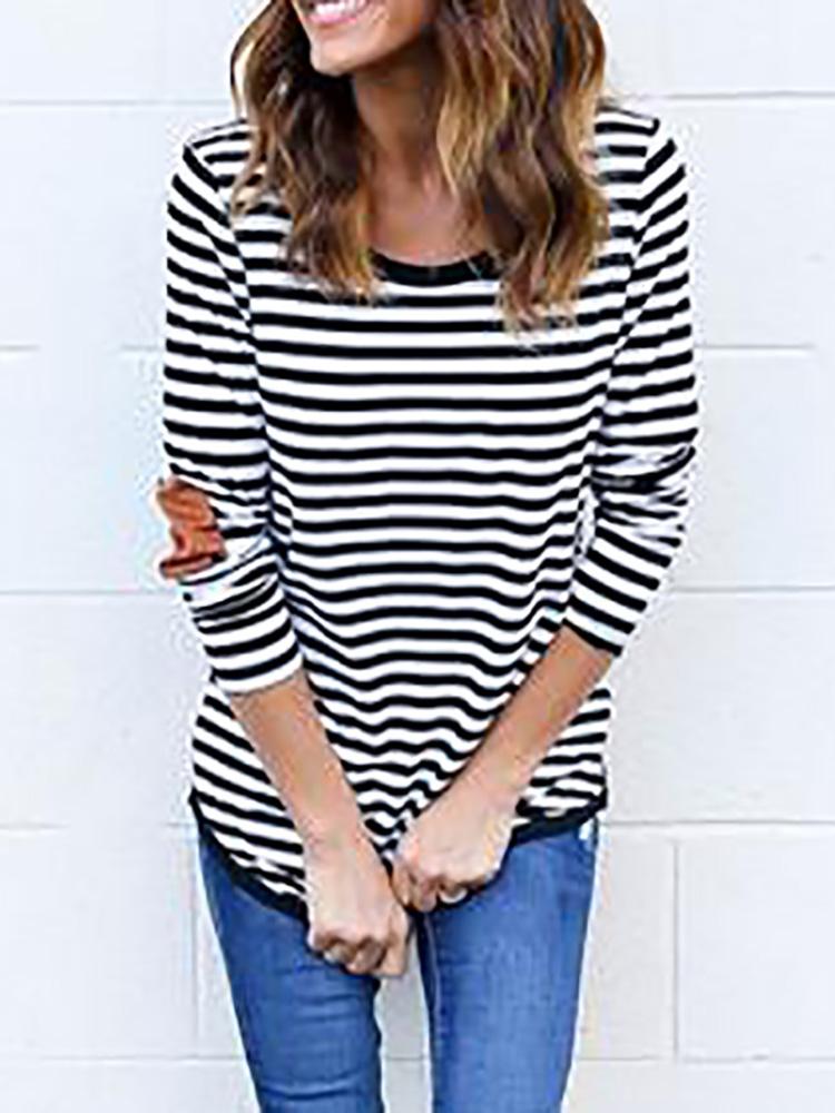 

Contrast Color Stripes Elbow Patch Casual T-shirt, Black