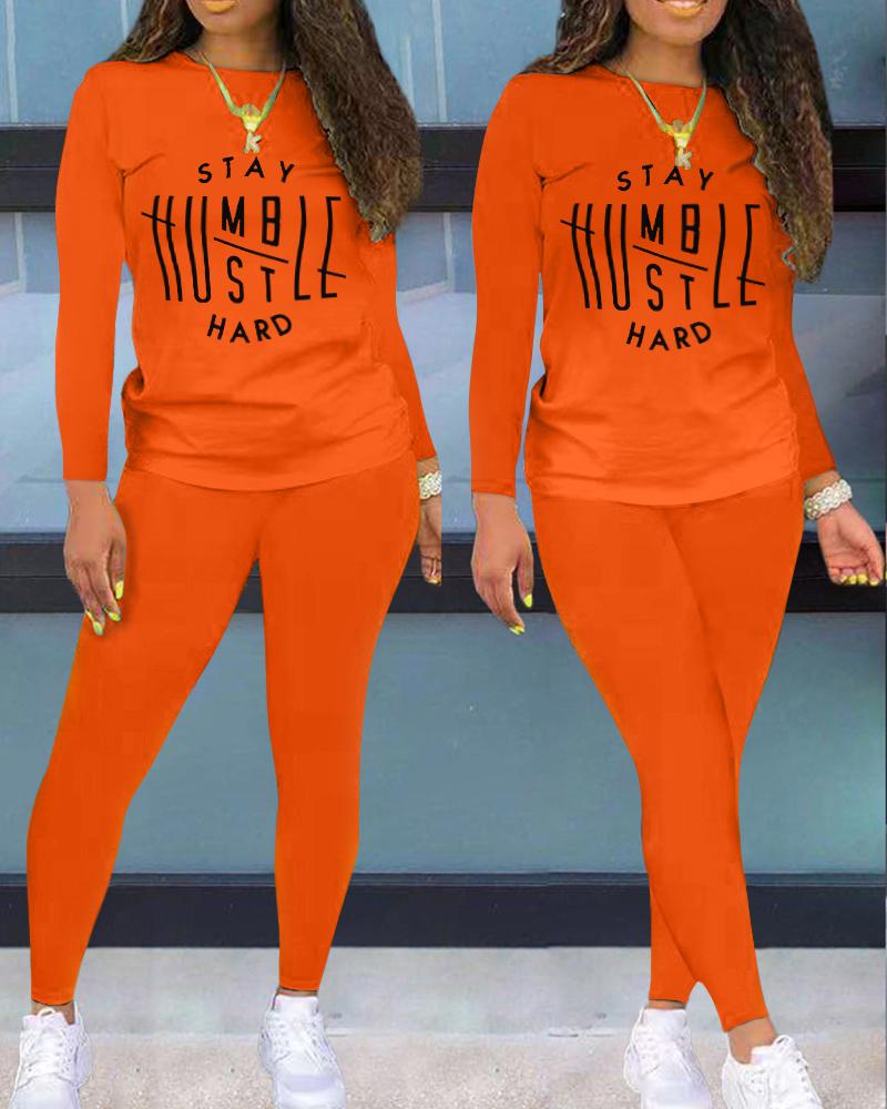 

Letter Print Long Sleeve Casual Top & Pants Set, Orange