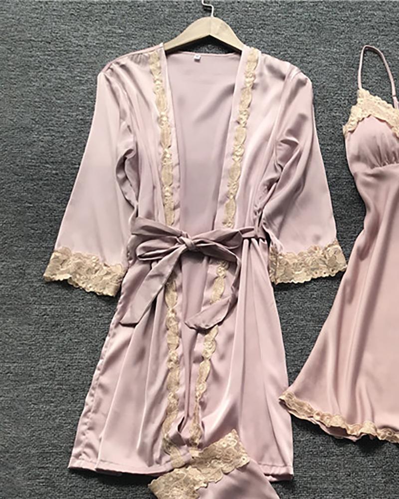 

Satin Lace Trim 5PCS Sleepwear Sets, Pink