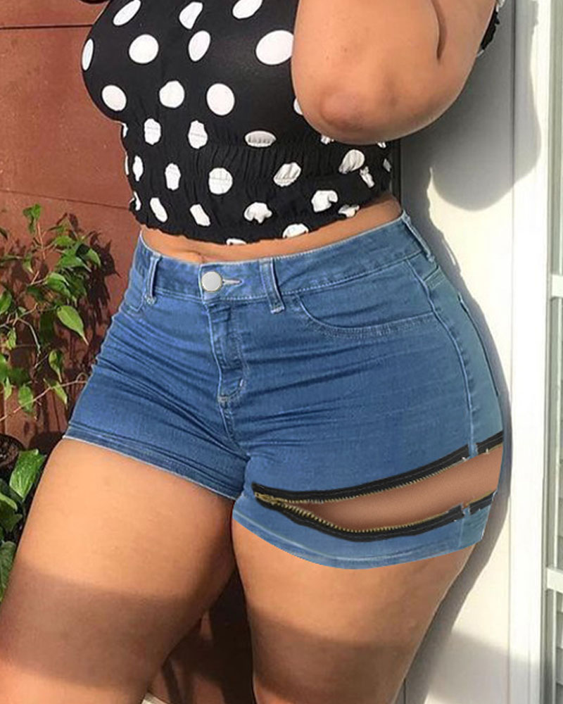 

Zipper Detail Cutout Denim Shorts, Blue