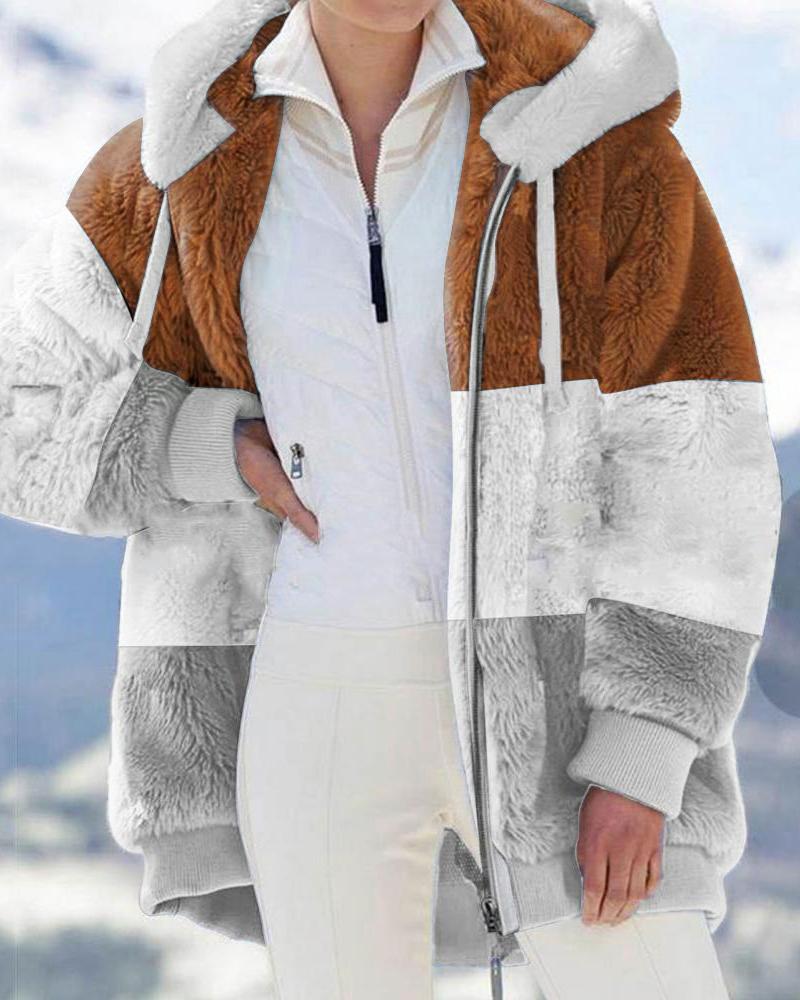 

Colorblock Long Sleeve Hooded Zip Up Teddy Coat, Coffee