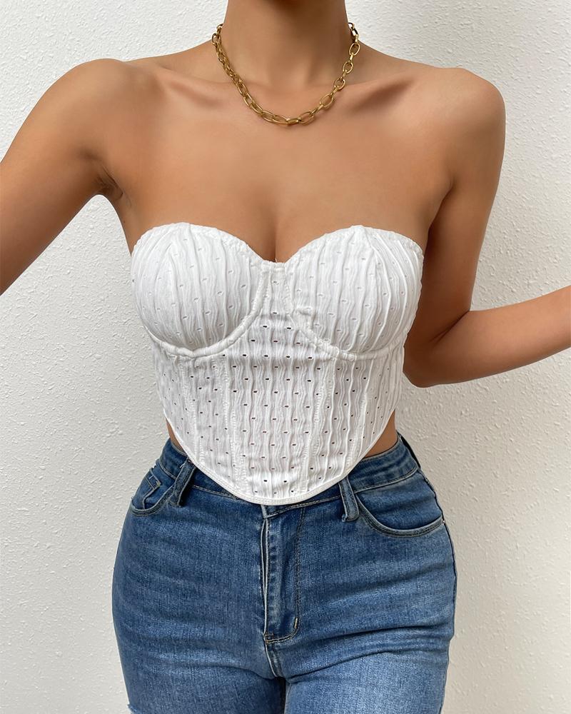 

Hollow Out Bandeau Hanky Hem Textured Corset Top, White