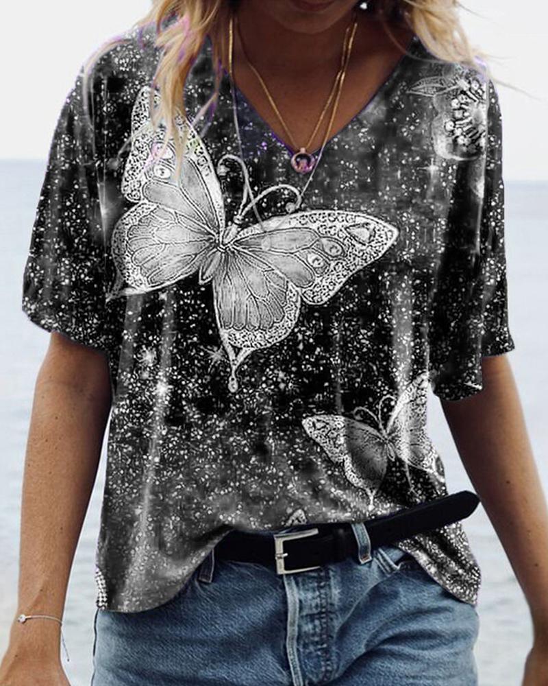 

Butterflies Print Short Sleeve T-shirt, Gray