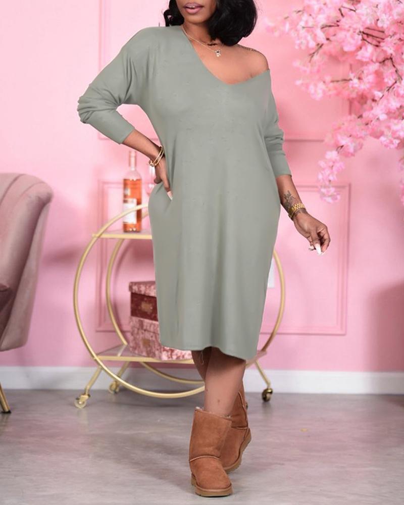 

Plain V-Neck Long Sleeve Casual Dress, Gray