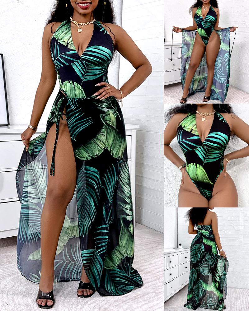 

Tropical Print Backless One Piece Swimsuit With Cover Up, Dark green