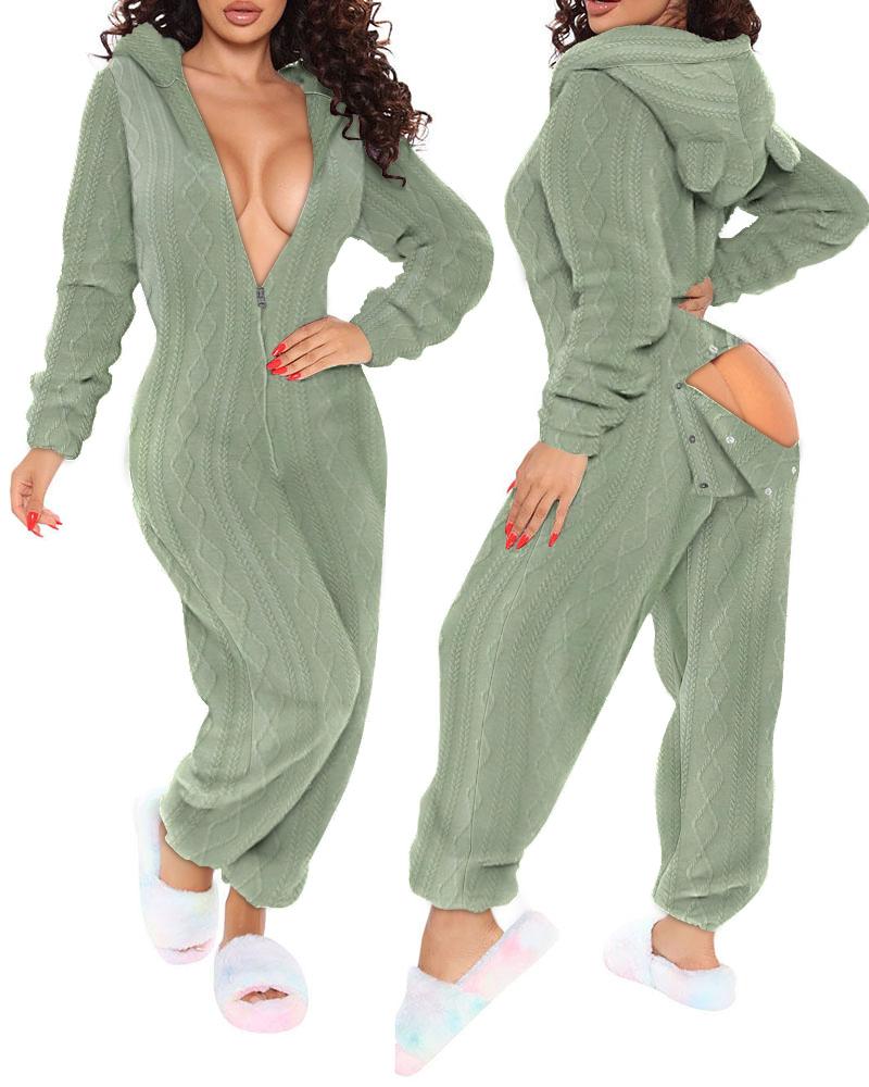 

Cable Textured Zipper Fly Flap Hooded Onesie, Green