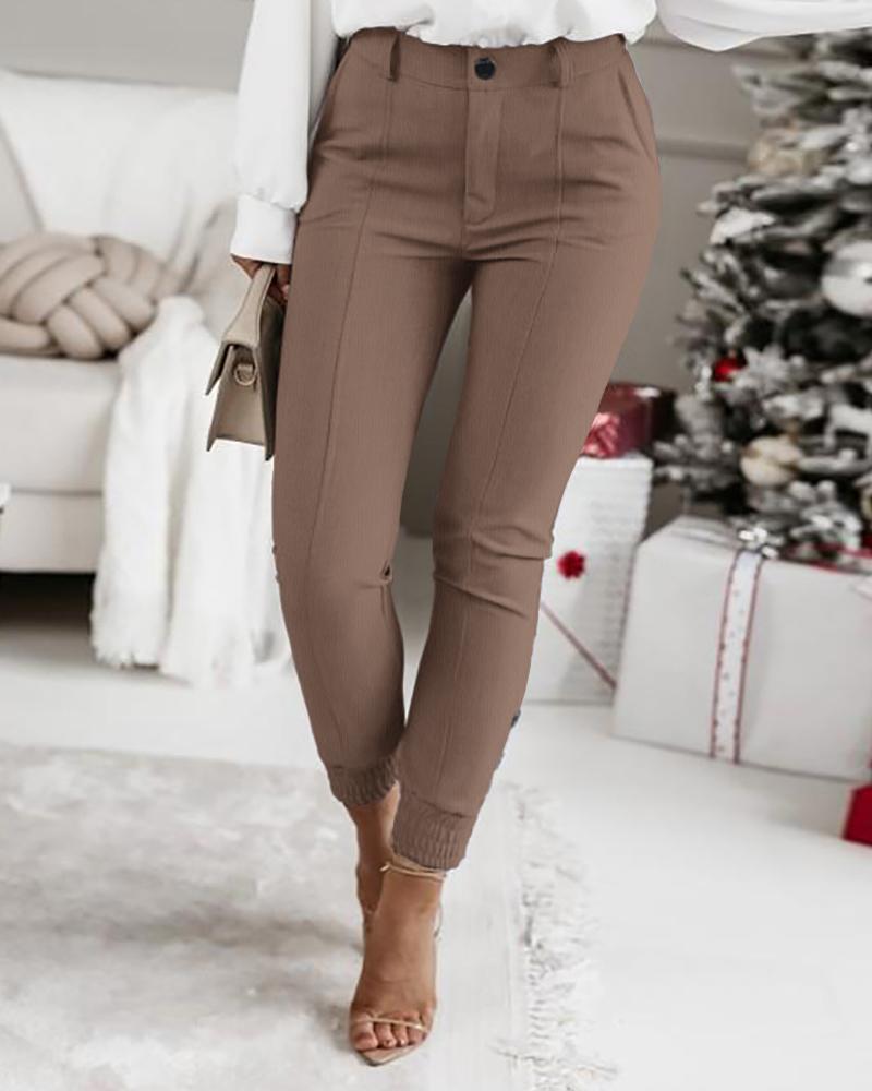 

High Waist Piping Buttoned Cuffed Pants, Coffee