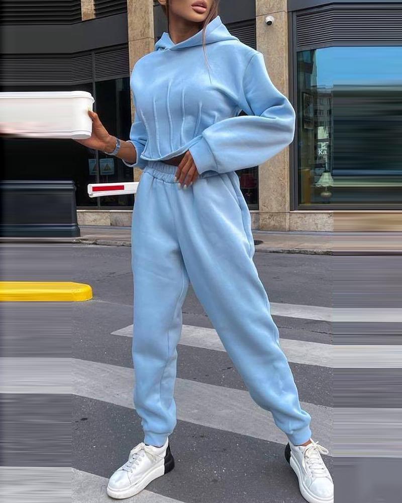

Lace-up Back Hoodie & High Waist Pants Set, Blue