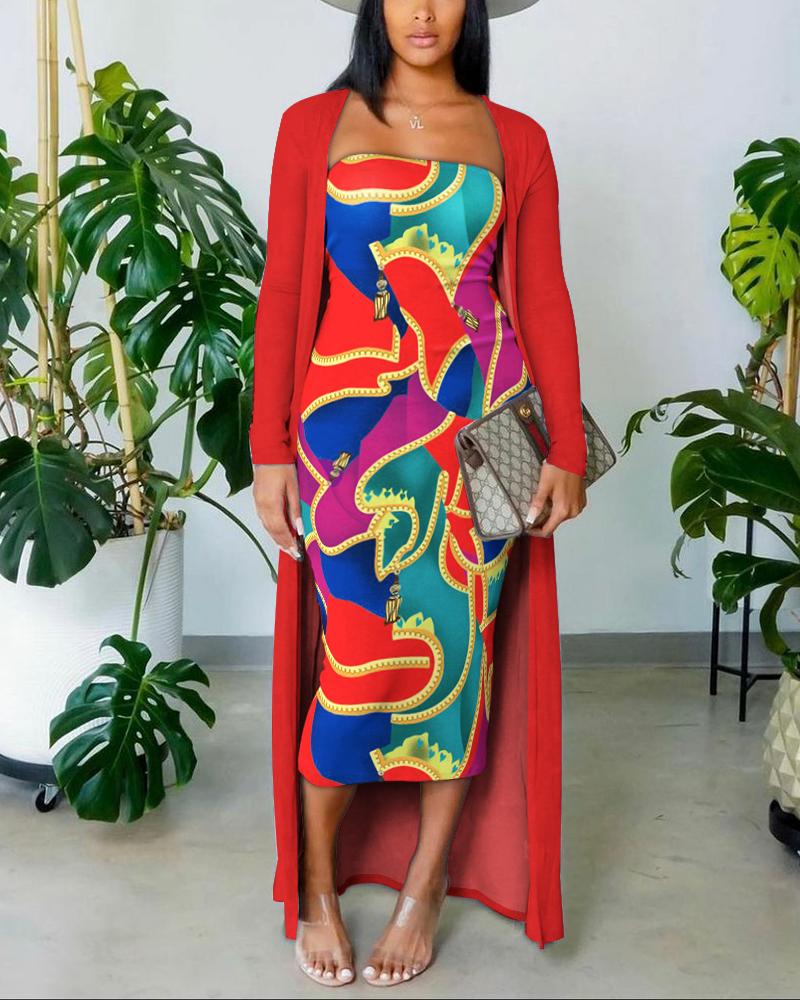 

Abstract Print Bodycon Tube Dress With Longline Coat, Red