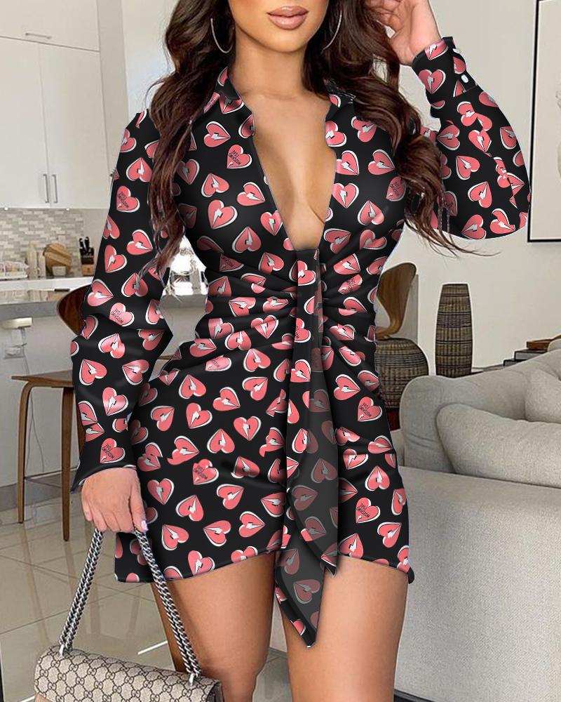 

Valentine' Day Heart Print Tie Front Ruched Shirt Dress, Black