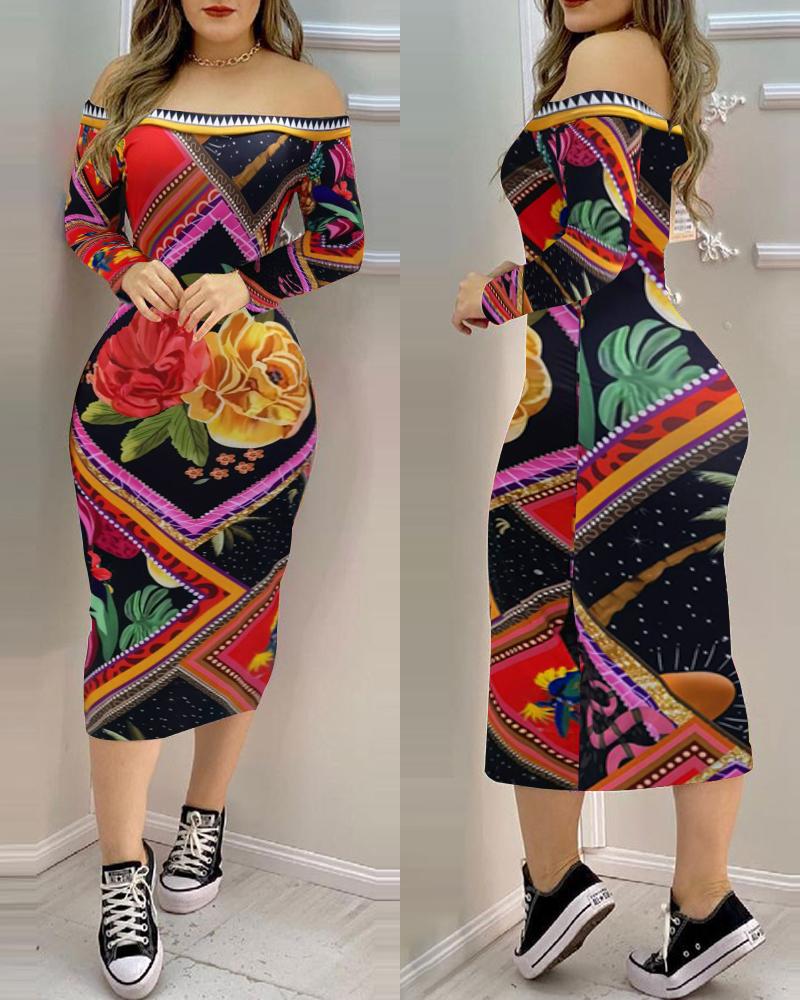 

Off Shoulder Long Sleeve Floral Graphic Print Dress, Black