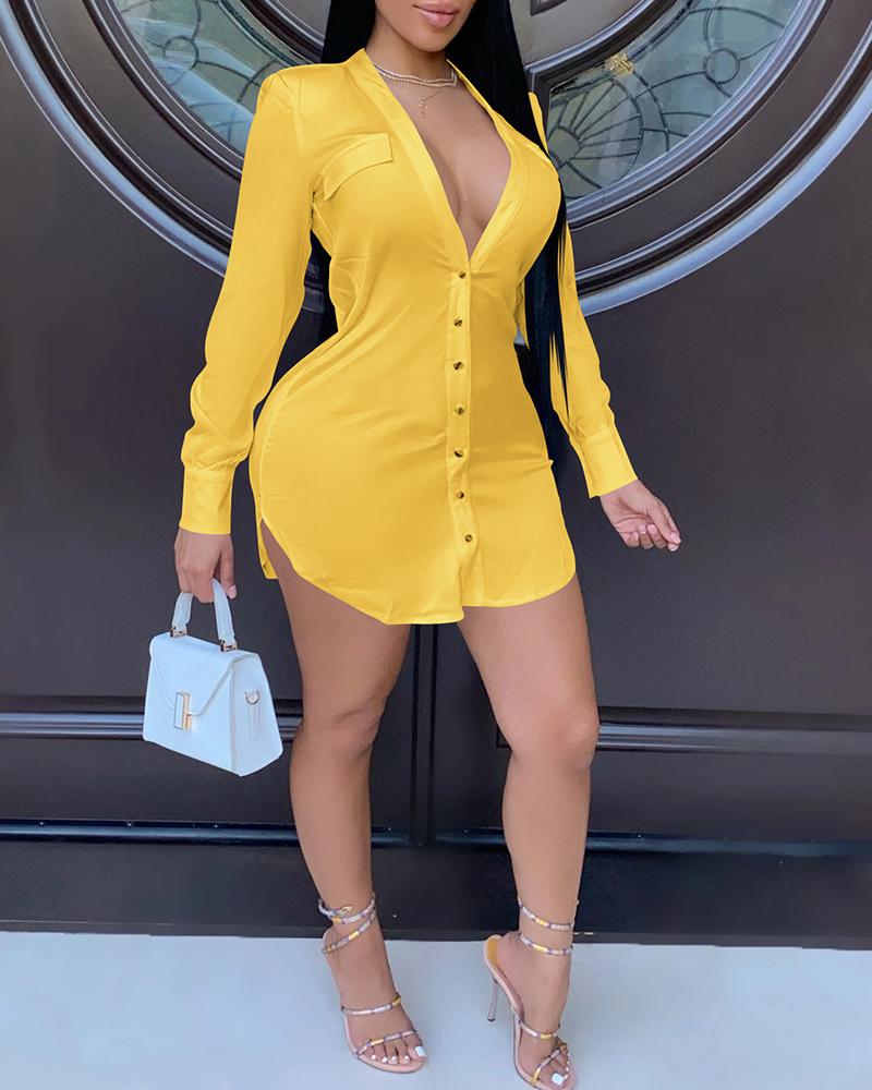 

Plain V Neck Button Front Blouse, Yellow