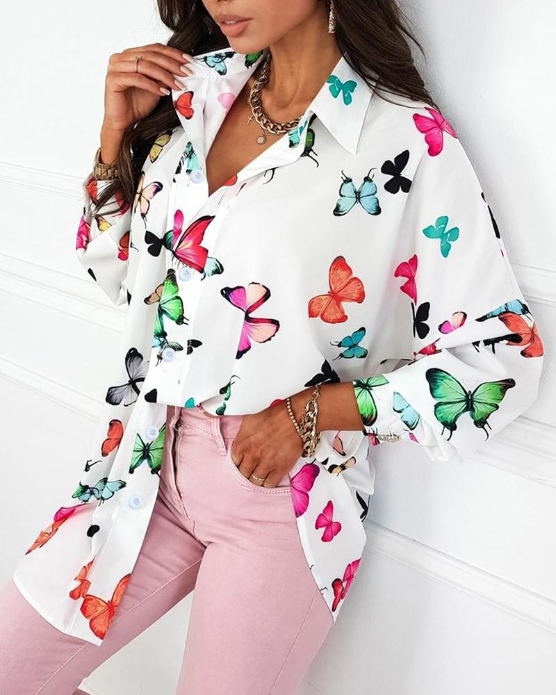 

Butterfly Print Button Through Top, White